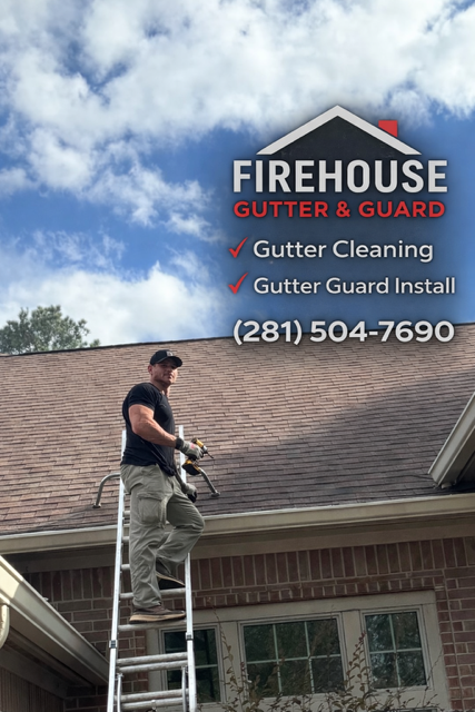 Firehouse Gutter and Guard technician working on a roofline