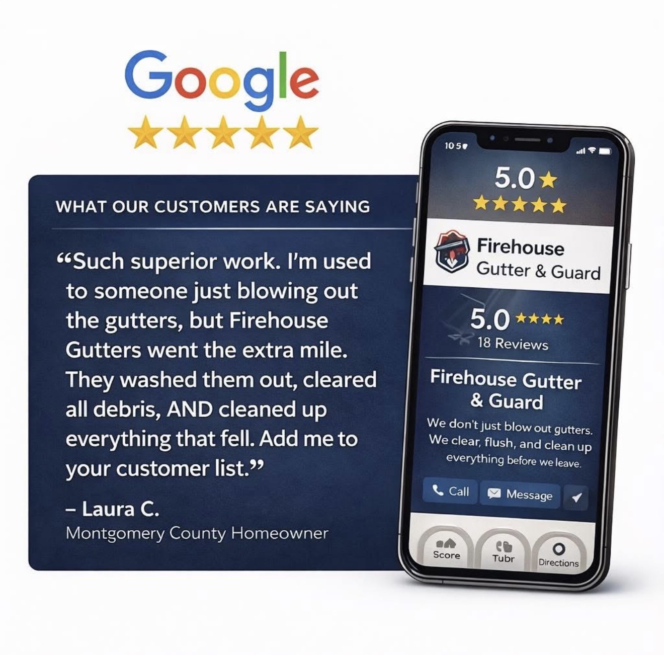 Five-star Google review from Laura C., Montgomery County homeowner
